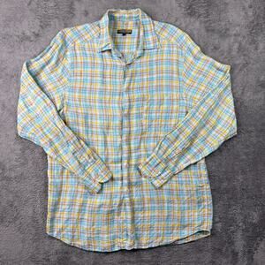 Lenor Romano Vintage Linen Shirt Button Up Mens L Check Plaid Blue Yellow